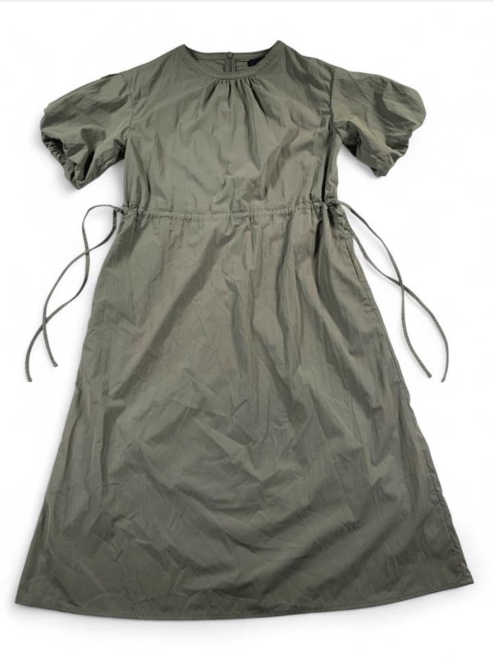 Bonispax Olive MIDI Dress Puff Sleeves Drawstring Waist Minimalist Korean Medium
